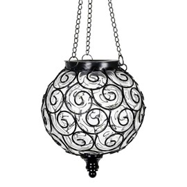 Naboher Solar Hanging Lantern Outdoor Garden Lights, Round Glass and Metal Hanging Lantern, 15 Firefly LED Lights, 7 x 20 Inch, Clear