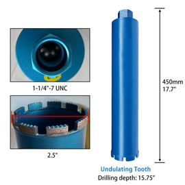 LCubro 2.5" Wet Core Drill Bits for Cured Concrete with Rebar Brick Blonck Masonry etc 15.75" Drilling Depth ，1-1/4-7”Thread 10mm Diamond Segment Height，Wet Use Only