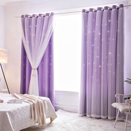 Tongcan 2 Panels Stars Curtains Draperies for Kids Girls Bedroom Living Room Double Layers Blackout Solid Purple Grommet Window Curtains Home Decor (Purple, 2 Panels W52 X L84 Inches)