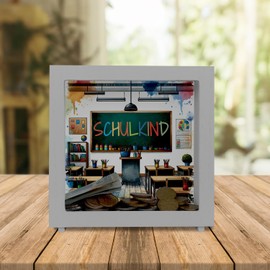 School Child Frame Wooden Money Box with Bright Colours Inscribed Like a Classroom on a School Board First Day at School