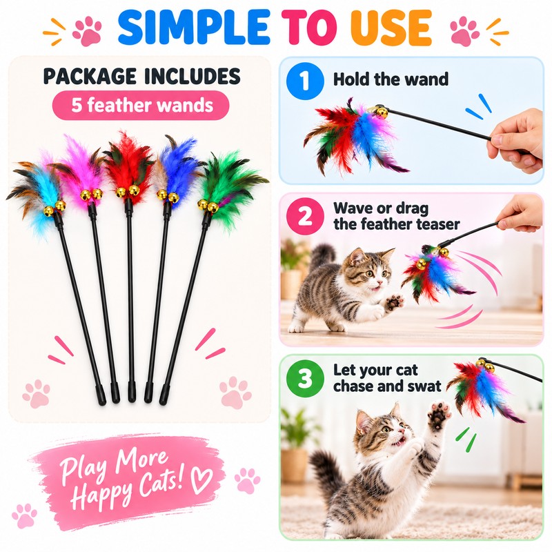 5-Piece Cat Feather Wand Toy Set for Interactive Play –