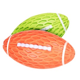 AUSCAT 2PCS Squeaky Dog Football Toy for Aggressive Chewers, Tough Rubber Dog Ball for Medium Large Dogs, Green and Orange, Large, 5.5"/14 cm
