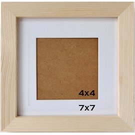 YUUPIILY 7x7 Picture Frame with Mat 4x4.Square Solid Wood Frames. No Paint. Plastic Panel(not Glass). Wall or Tabletop Display.