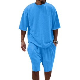 Fastkoala Men's Tracksuits Sets Suits Sweatsuits Half High Collar Shirt & Shorts Pants Activewear Round Neck 2 Pcs Blue XL