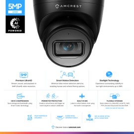 Amcrest 5MP Turret POE Camera, UltraHD Outdoor IP Camera POE with Mic/Audio, 5-Megapixel Security Surveillance Cameras, 98ft NightVision, 132° FOV, IP67, MicroSD (256GB) Black IP5M-T1179EB-AI-V3