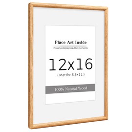 ABSWHLM 12x16 Oak Wood Picture Frame with Mat for 8.5x11, Solid Wood Frame with Tempered Glass - Wall Mount - Modern Design for Home & Office Decoration