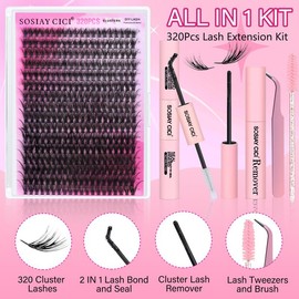 Lash Extension Kit DIY 320pcs Lash Clusters Eyelash Extension Kit, 9-16mm 40D Individual Lashes Kit with Lash Bond & Seal, Eyelash Tweezers , Suitable For Eyelash Extension Beginners Natural Thickening Blend