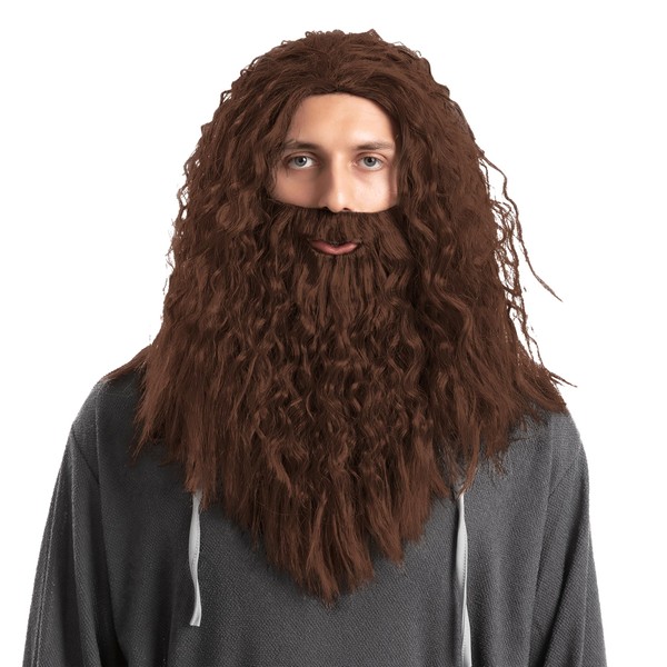 Spooktacular Creations Halloween Men's Brown Wizard Curly Wig with Beard,