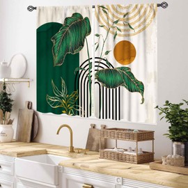 Green Boho Kitchen Curtains for Bedroom, Mid Century Modern Tropical Palm Leaves Minimalist Abstract Geometric Arch Bohemian Living Room Small Short Cafe Window Drapes Treatments 2 Panels, 55x39 Inch