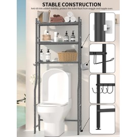 GloTika 3 Tier Over The Toilet Storage Rack with 2 Basket, Metal Freestanding Bathroom Shelves Toilet with Paper Holder and 4 Hooks, Over Toilet Storage Shelf for Bathroom Storage, Snow Black