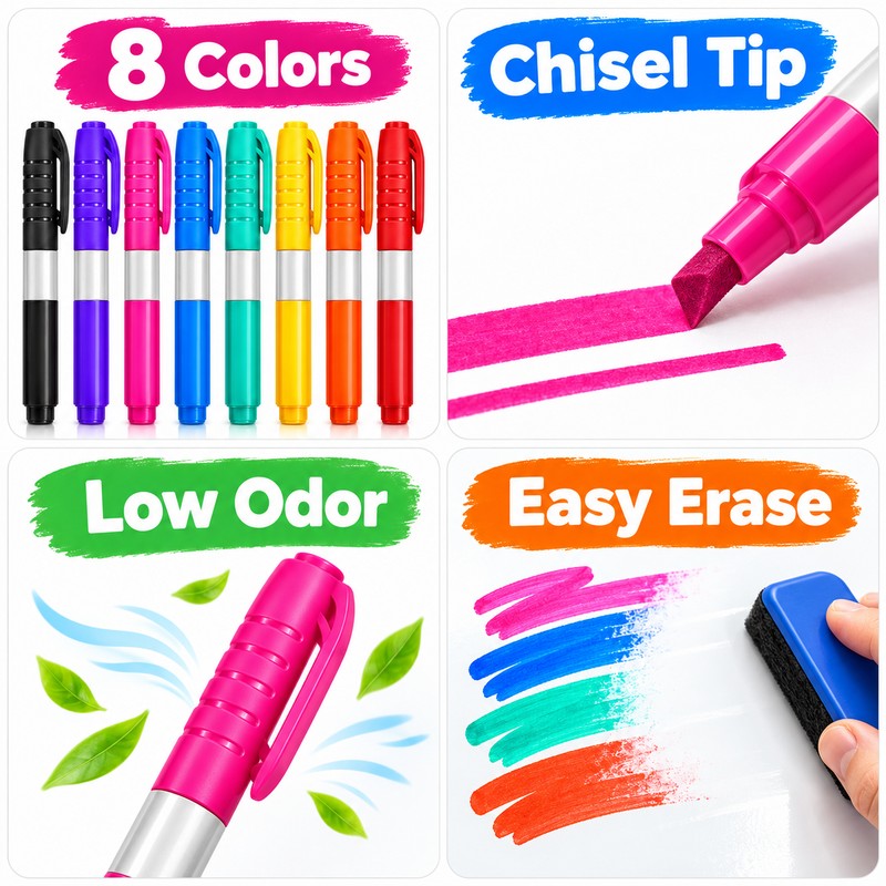 WP128AS 8-Color Dry Erase Markers for Whiteboards – Chisel Tip,
