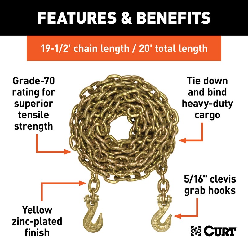CURT 80307 20-Foot Transport Binder Chain, 5/16-Inch Clevis Hooks, 18,800