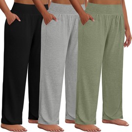Neer 3 Pack Women Plus Size Wide Leg Yoga Pants High Waist Sweatpants Plus Size Palazzo Pants Lounge with Pockets(Black, Bean Green, Light Gray,4X-Large)