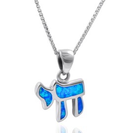 AJDesign Small Hebrew Chai (Life) Jewish Necklace 925 Sterling Silver Created Blue Opal Pendant for Women (23.6 Inches Chain)