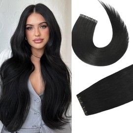 Tape in Brazilian Human Hair Extensions 100% Remy Human Hair Glue in Extensions Balayage Seamless Silky Straight Skin Weft Hair(20Inch #1B Natural Black 20pcs 50g)