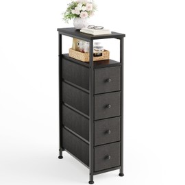 CAIYUN Narrow Dresser Storage Tower, Skinny Cabinet, Slim Chest of 4 Fabric Drawers, Wood Top for Small Spaces, Closet Nightstand, End Table for Bedroom Bathroom Living Room Entryway Home Office Black