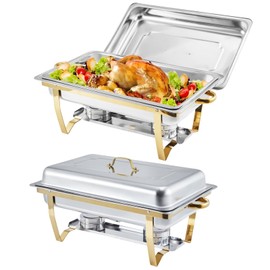 GarveeHome Chafing Dishes for Buffet 2 Pack, 8 Qt Stainless Steel Chafers and Buffet Warmers Sets with Lid, Rectangle Serving Food Warmer Catering Supplies Buffet Display for Parties, Gold
