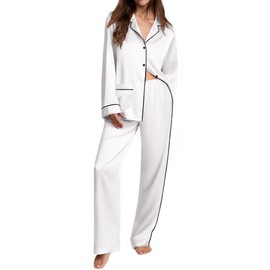 Ekouaer Womens Pajama Sets Satin Silk Pjs Classic Button Down Sleepwear Soft Long Sleeve Lounge Sets White M
