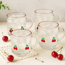 SiliFine 4 Pack Cherry Glass Cups 14oz Juice Mugs Clear Drinking Glasses Double Old Fashioned Handblown Cocktail Glassware for Summer Birthday Party Supplies Gift (Cherry)