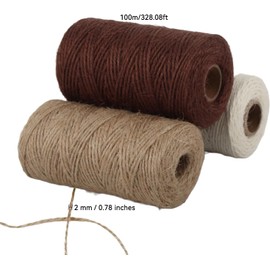 3 Rollos de Hilo de Yute, Cuerda de Yute Trenzada de 328,1 Pies y 2mm para Manualidades, Jardinería, Envoltura de Regalos, Agrupación, decoración de Bodas