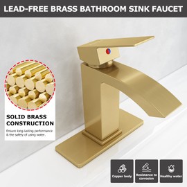 EZANDA Brass Waterfall Bathroom Faucet with Extra Large Rectangular Spout, Deck Plate, Pop-up Drain Assembly & Water Supply Hoses Included, Brushed Gold, 1416908