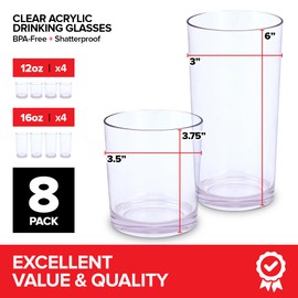 Clear Plastic Drinking Glasses (8 Piece) Shatter Proof Acrylic Drinkware Cup Set 12 & 16oz Combo Pack For Home, Outdoors Restaurants & Kitchen, Stackable Reusable BPA Free Plastic Tumblers