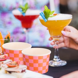 Zopeal 50 Count Orange and Pink Checkered Ice Cream Cups Disposable 9 oz Ice Cream Bowls Snack Paper Cups Race Car Birthday Party Supplies Sundae Picnic Dessert Yogurt Bowls Plaid for Food