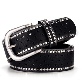 Jalach Women's Rivet Belt with Star Hole, Wide Leather Belt, Shortenable Denim Belt, Leather Rivet Belt, Glitter Belt, black, One size fits all