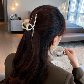 Ling & Bai Pearl Hair Claw Clips Gold Large Metal Jaw Clip Non-slip Strong Hold Accessories for Women and Girls (Pearl Gold)