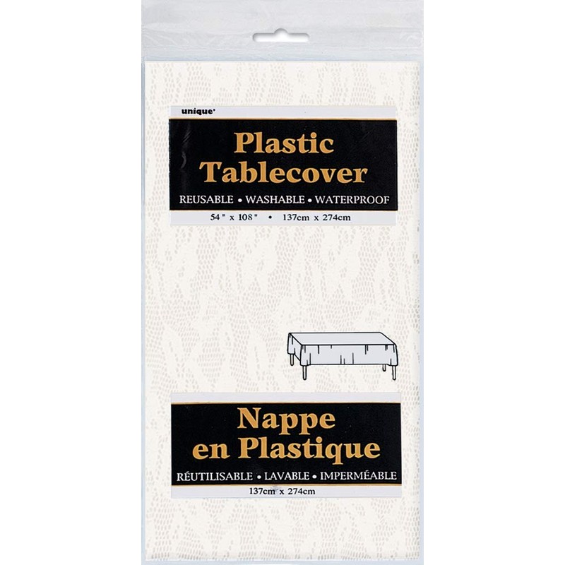 Unique Party 5075 5075-White Plastic Tablecloth, 9ft x 4.5ft, White-Lace,