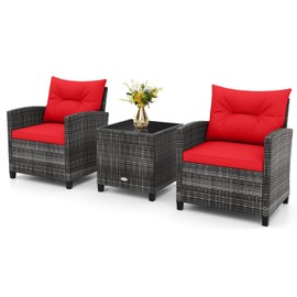 RELAX4LIFE Wicker Patio Furniture Sets - 3 Pieces Rattan Sofa Set, Outdoor Conversation Set with Tempered Glass Tabletop, Heavy-Duty Steel Frame, Wicker Chair Set for Poolside, Backyard (Grey-Red)