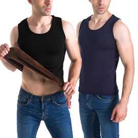 Flygo 2 Pack Thermal Tank Top Men Cotton Winter Warm Fleece Lined Underwear Sleeveless Vest Undershirt(Black+Navy-M)