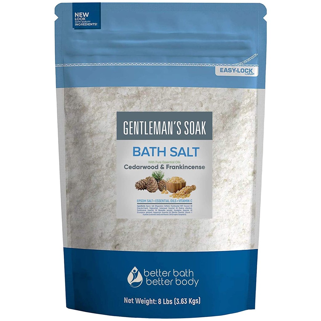 Gentleman's Bath Salt 128 Ounces Epsom Salt with Natural Cedarwood, Frankincense, Eucalyptus and Peppermint Essential Oils Plus Vitamin C in BPA Free Pouch with Easy Press-Lock Seal