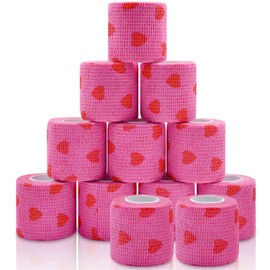 12 Roll 2 Inch x 5 Yards Heart Print Pet Vet Wrap for Dogs Cats, Cohesive Bandages in Bulk, Pink Non-Woven Self Adhesive Bandage Wrap Rolls for Pet Animals Wound Care, Ankle Sprain and Swelling