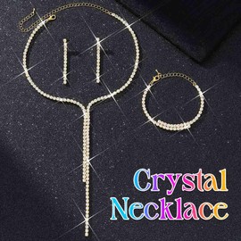 Reaky Bridal Jewelry Set Silver Rhinestone Earrings and Necklace Sparkly Wedding Necklaces Sets Prom Jewelry for Women(Pack of 3) (Gold)