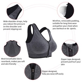Fapreit Women's Zip Front Closure Sports Bra - Seamless Wirefree Post Surgery Zipper Padded Racerback Workout Gym Yoga Bras (Black, Grey, Beige)