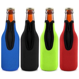 Beer Bottle Insulator Sleeve Different Color. Zip-up Bottle Jackets. Keeps Beer Cold and Hands Warm. Classic Extra Thick Neoprene with Stitched Fabric Edges, Enclosed Bottom (set of 4 color)