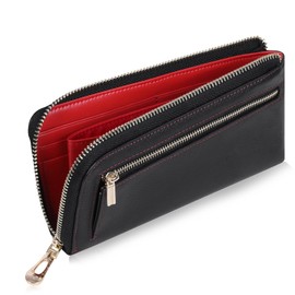 VISOUL Wallet Genuine Leather Bill Compartment, Card Coin Purse, 2-fold, Skimming Prevention, License Holder, Large Capacity, Popular, Made by Leading Leather Artisans with L-Shaped Zipper, black red