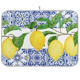 Lemon Blue Tiles Dish Drying Mat for Kitchen Counter Absorbent Microfiber Drying Pad, Medium 16x18 in, Reversible Drainer Mats