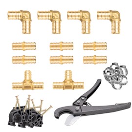 WMAXPFIT 1/2 Inch PEX Fitting Combo Kit, 4-elbows + 6-couplings + 2-tees + 26-SS clamp rings + 20-J clamps + 1-pipe cutter