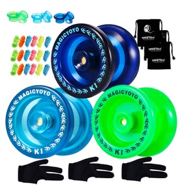 Pack of 3 Beginner Yoyos for Kids, MAGICYOYO K1-Plus Responsive Yo Yos + 3 Yo-yo Gloves, 3 Yo-yo Bags, 18 Strings, All in A Gift Box (Dark Blue+Crystal Blue +Glow Green)