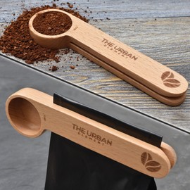 2 in 1 Wooden Coffee Scoop and Bag Clip - 1 Tablespoon Solid Beech Wood Measuring Scoop - Espresso Coffee Bags Sealer - Suitable for Ground Beans, Coffee Beans and Loose Tea - by The Urban Element