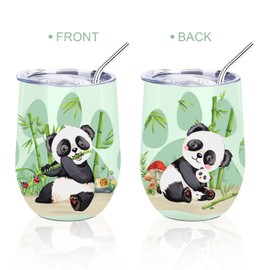 NymphFable 12oz Panda Gifts Wine Tumbler with Lid and Straw Insulated Stainless Steel Panda Cups