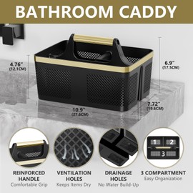 BYUNER Shower Caddy Dorm Men: Plastic Bathroom Caddy Organizer with Handle and Holes, Bath Caddy for College Dorm, Portable Shower Basket Tote for Toiletry, Travel, GYM, Camp Essentials Black/Gold