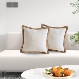 LIUCONGBD 2PCS Farmhouse Decorative Throw Pillow Covers 18x18 Inch, Burlap Linen Trimmed Tailored Edges Cushion Covers, Boho Square Pillowcase for Couch Sofa Bed Living Room (Beige)