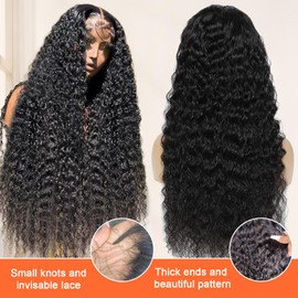 34 Inch Lace Front Wigs Human Hair 13x4 Lace Frontal Wigs Human Hair Pre Plucked Glueless Deep Wave Wig Brazilian Human Hair with Baby Hair Natural Black 180% Density