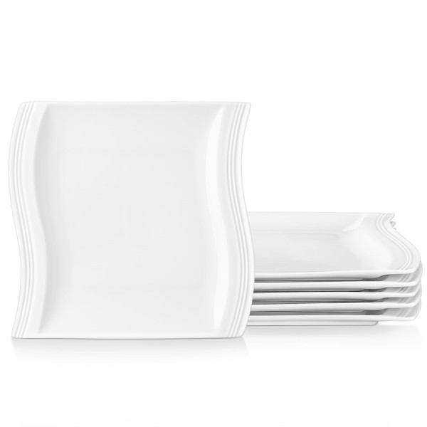 MALACASA Dinner Plates Set of 6, 10 Inch Ivory White Square Dinner Plates, Ceramic Plates Dish Set, Porcelain Dinner Plate Set for Dessert, Salad and Pasta, Microwave & Dishwasher Safe, Series Flora
