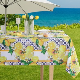 SASTYBALE Outdoor Tablecloth with Umbrella Hole, Stain Resistant Summer Lemon Table cloth Geometric Vintage Pattern, Washable Patio Table Cover for Party Picnic Dinner Decor (Rectangle, 60" x 84")