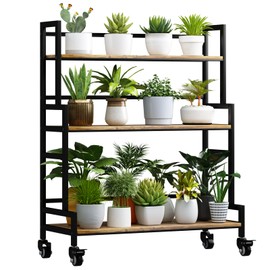 YIZAJIA Plant Stand Indoor 3 Tier Metal Board Outdoor Tiered Stands Shelf With wheel for Multiple Plants Potted Ladder Plant Holder Table Plant Pot Stand for Window Garden Balcony Living Room (3 Tier-Black+Metal)