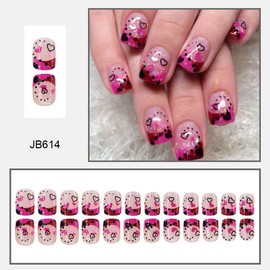 Valentine's Day Press on Nails Square Short False Nails with Black Polka Dots Design Heart Glue on Nails Pink French Tip Fake Nails Glossy Acrylic Nails Valentines Nails Press ons for Woman 24Pcs